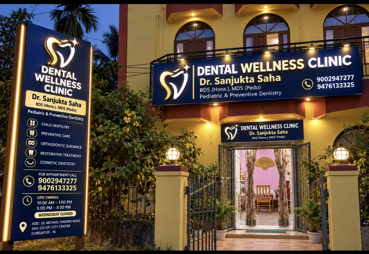 Dental Wellness Clinic entrance and illuminated clinic signage